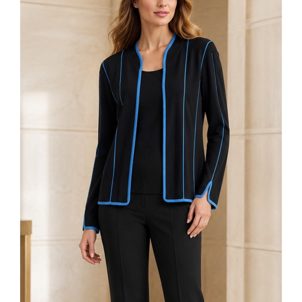Ming Wang Women Black Blue Contrast Trim Knit Open Front Cardigan Jacket XL